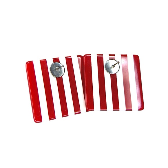 Red and White Striped Large Square Earrings - Picture 3 of 10